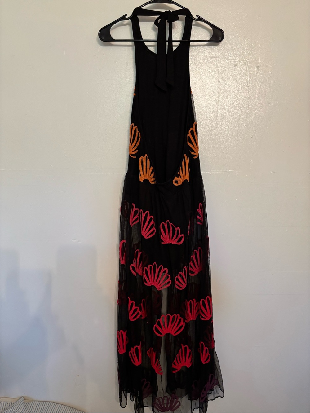 Black Halter Mesh Jumpsuit with Orange and Pink Embroidered Shells